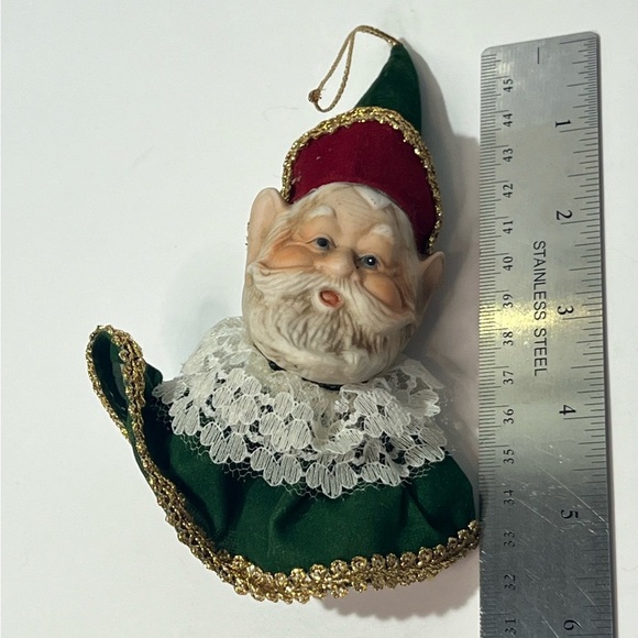 RARE Vintage Gnome Santa Elf Ornament Ceramic Velvet Lace Taiwan - Picture 2 of 8